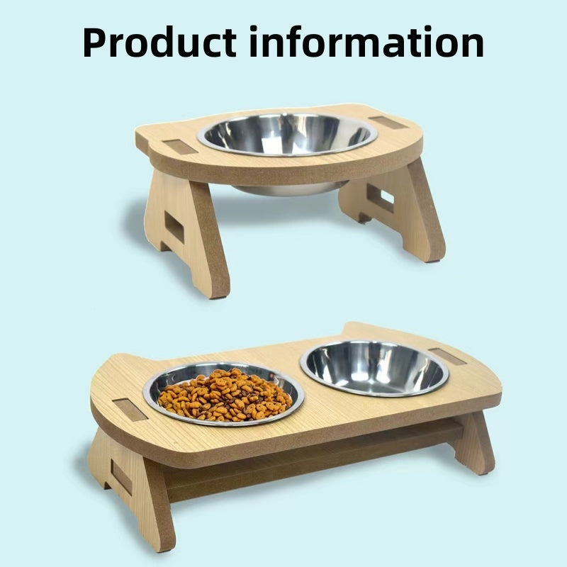 Cat Bowl Water And Food All-in-one Wooden Pet Bowl Feeder Cat Stainless Steel Bowl Anti-overturning Neck Protection