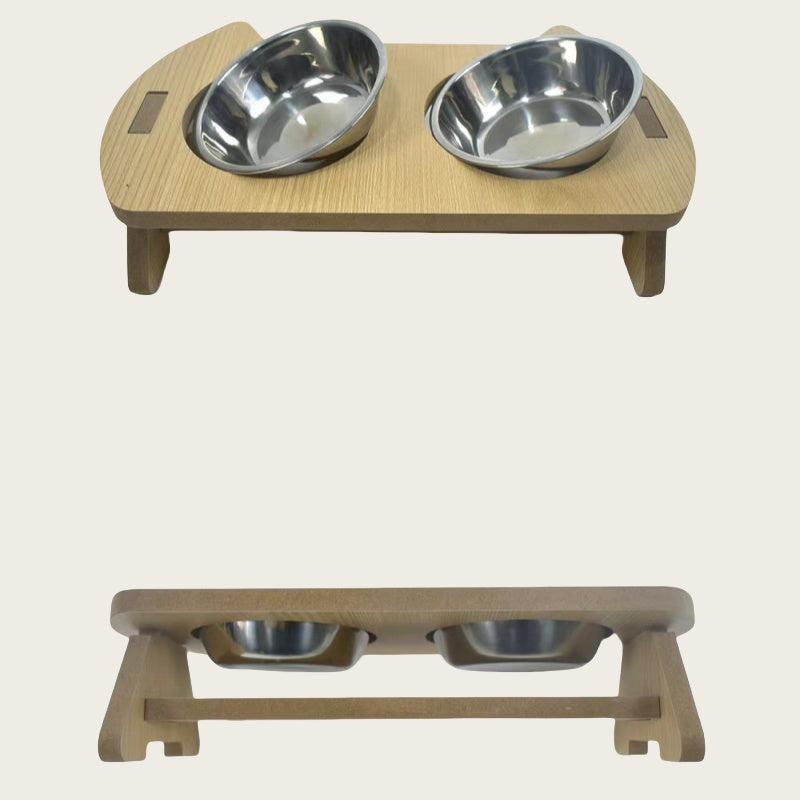 Cat Bowl Water And Food All-in-one Wooden Pet Bowl Feeder Cat Stainless Steel Bowl Anti-overturning Neck Protection