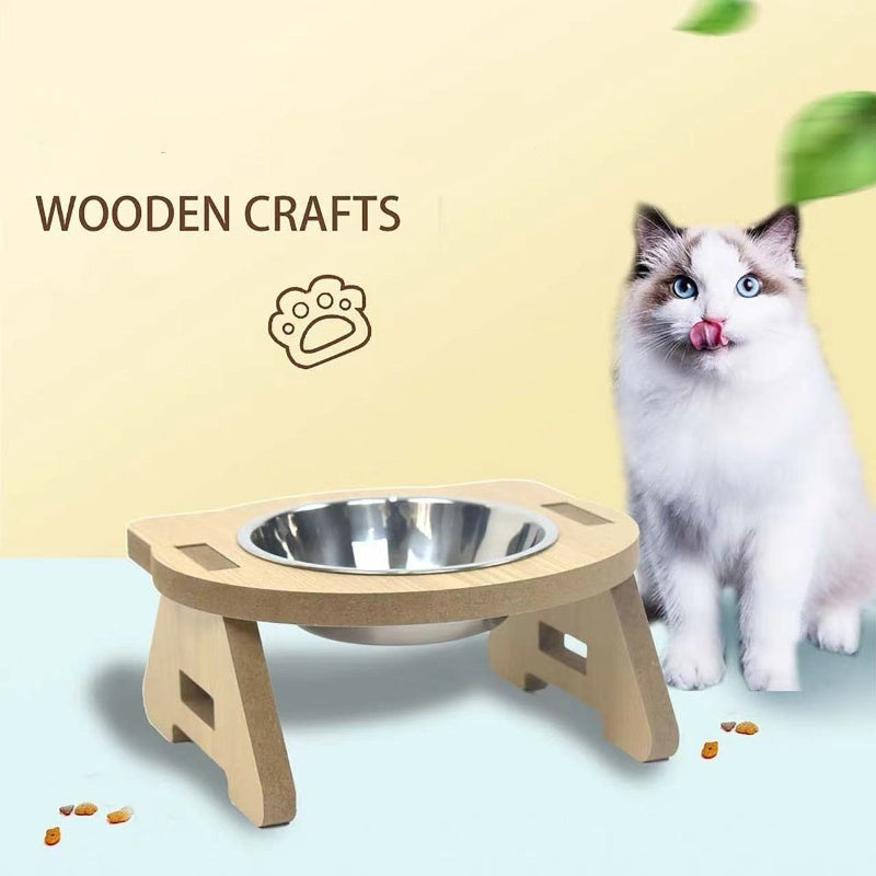 Cat Bowl Water And Food All-in-one Wooden Pet Bowl Feeder Cat Stainless Steel Bowl Anti-overturning Neck Protection