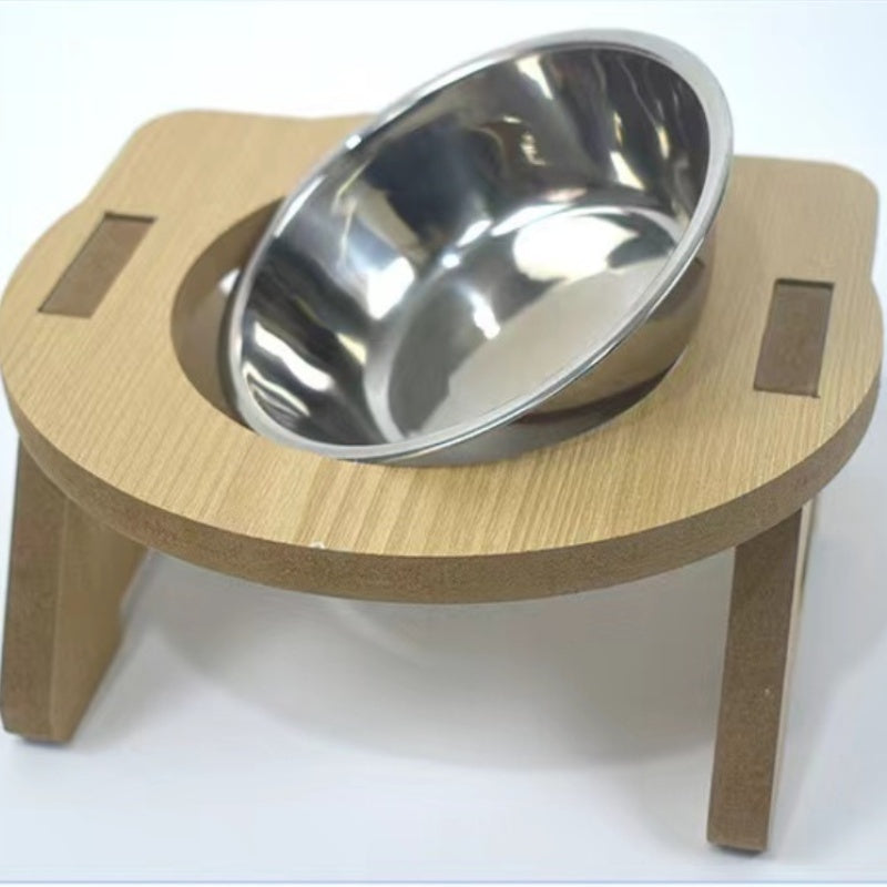 Cat Bowl Water And Food All-in-one Wooden Pet Bowl Feeder Cat Stainless Steel Bowl Anti-overturning Neck Protection